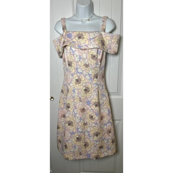 Belle Badgley Mischka Nori Off Shoulder Floral Scuba Dress, Lilac Multi, Size 0 - Picture 3 of 10